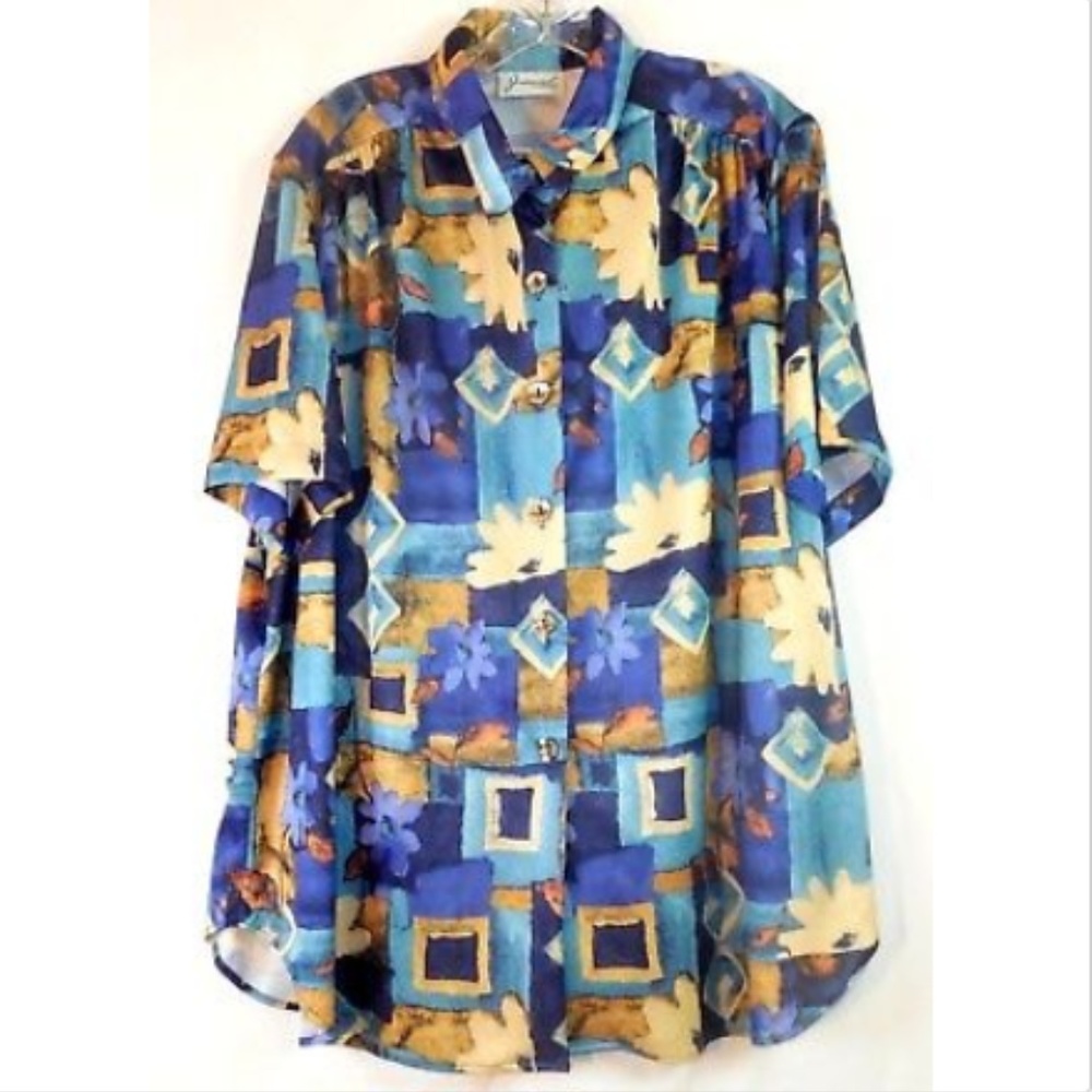 Joanna Women's Plus Top Blue Yellow Floral S/S